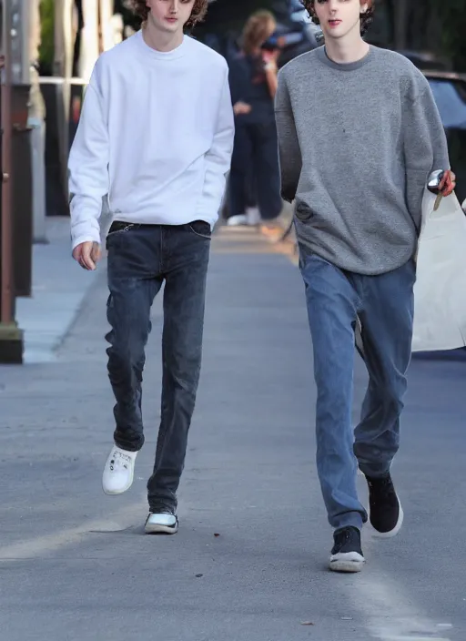 Image similar to photo of Timothee Chalamet walking in LA with his taller & muscular boyfriend