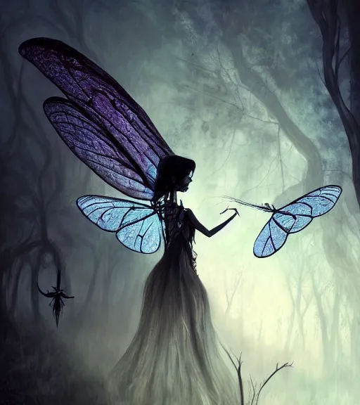 Image similar to gothic fairy with dragonfly wings, digital painting, liminal eerie midnight backlit, a picture taken by Michael Komarck and Daniel Ljunggren