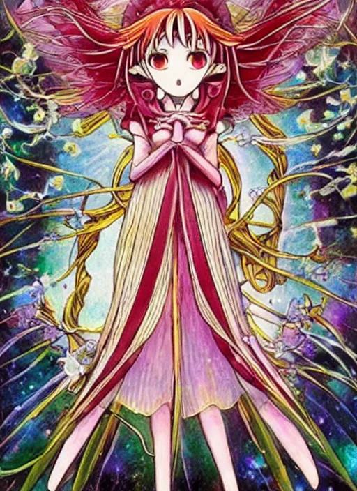 Prompt: intricately beautiful designed clow cards, Madoka Magica, high detail, painting, by CLAMP, in the style of Akiyuki Shinbo