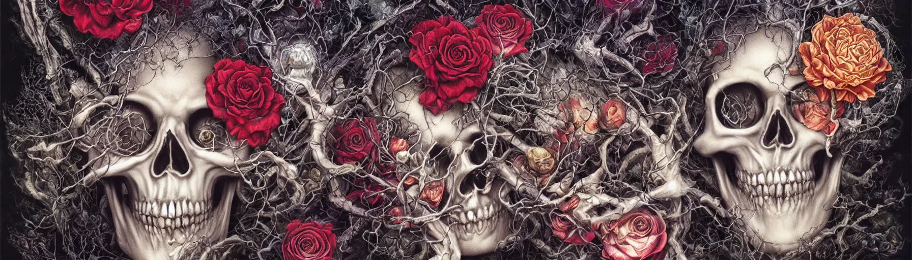 Image similar to the ghost in the machie, dense web of neurons firing, psychedelic lights and fog, skull and roses and gnr imagery, zdzislaw, ayami kojima, yamamoto, barclay shaw, karol bak, hyperrealist, 8 k