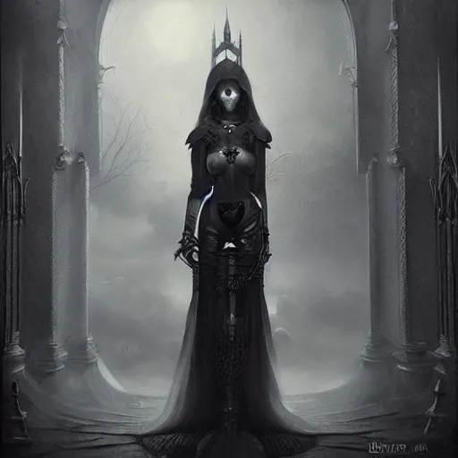 Image similar to By Tom Bagshaw, ultra realist soft painting of a gothic crypt by night, Gothic fully armored female, horror, omnious sky, symmetry accurate features, very intricate details, black and white, volumetric light clouds