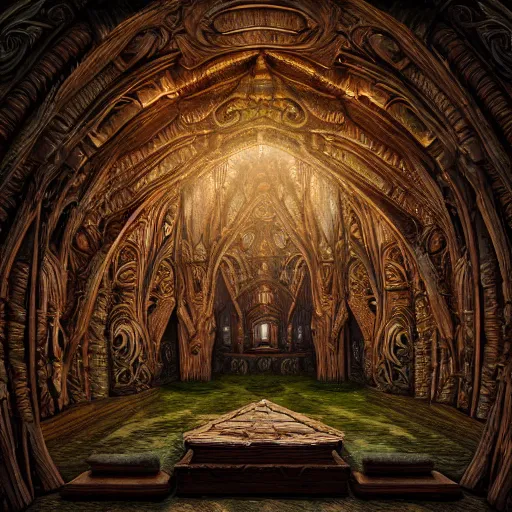 Prompt: Photorealistic magic elven temple made of rustic woodwork. Hyperdetailed photorealism, 108 megapixels, amazing depth, glowing rich colors, powerful imagery, psychedelic Overtones, 3D finalrender, 3d shading, artstation concept art