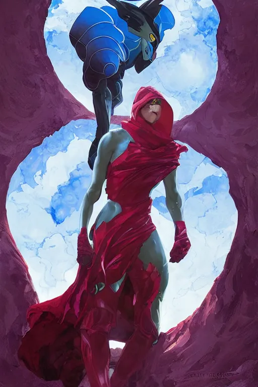 Image similar to portrait of the cavansite worm sentinel wearing Trinn's cape by artgerm and Craig Mullins, James Jean, Andrey Ryabovichev, Mark Simonetti and Peter Morbacher 16k