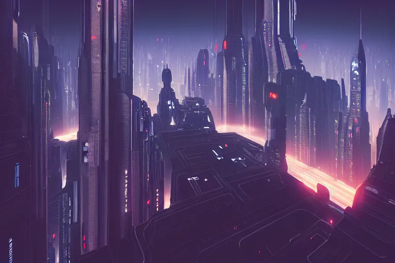 Prompt: a scifi illustration, Night City on Coruscant by filip hodas