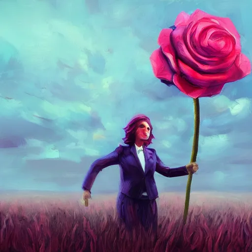 Image similar to closeup, giant rose flower head, frontal, girl in a suit, surreal photography, sunrise, blue sky, dramatic light, impressionist painting, digital painting, artstation, simon stalenhag