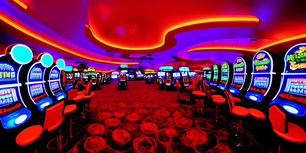 Image similar to minimalistic extreme wide angle curved perspective digital art of indoor casino with alien shaped slot machines, with roulettes in the roof, by anton fadeev from nightmare before christmas, 8 k, octane renderer