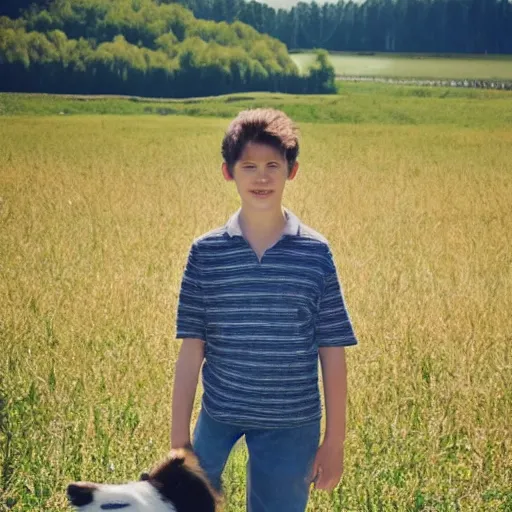 Prompt: 1 1 year old boy standing with his rough collie dog, standing in a farm next to a lake, small hill visible in the background, beautiful sunny summer day, polaroid, highly detailed