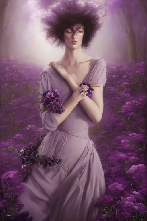 Prompt: goth ballet dripping purple velvet with purple flowers, dramatic lighting, paintings, post processing, painterly, illustration, octane render, hdr, 4 k, 8 k, hd, by edmund blair leighton, brom, charlie bowater, trending on artstation, faces by tom bagshaw, sargent