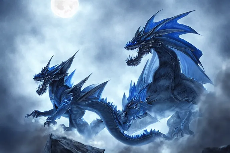 Image similar to an screaming blue and white dragon wearing armor, digital art, moonlight, blue mist, blue smoke,