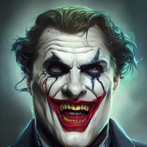 Image similar to [Riff Raff as the Joker, closeup, D&D, intricate, elegant, highly detailed, digital painting, artstation, concept art, matte, sharp focus, illustration, art by Artgerm and Greg Rutkowski and Alphonse Mucha]