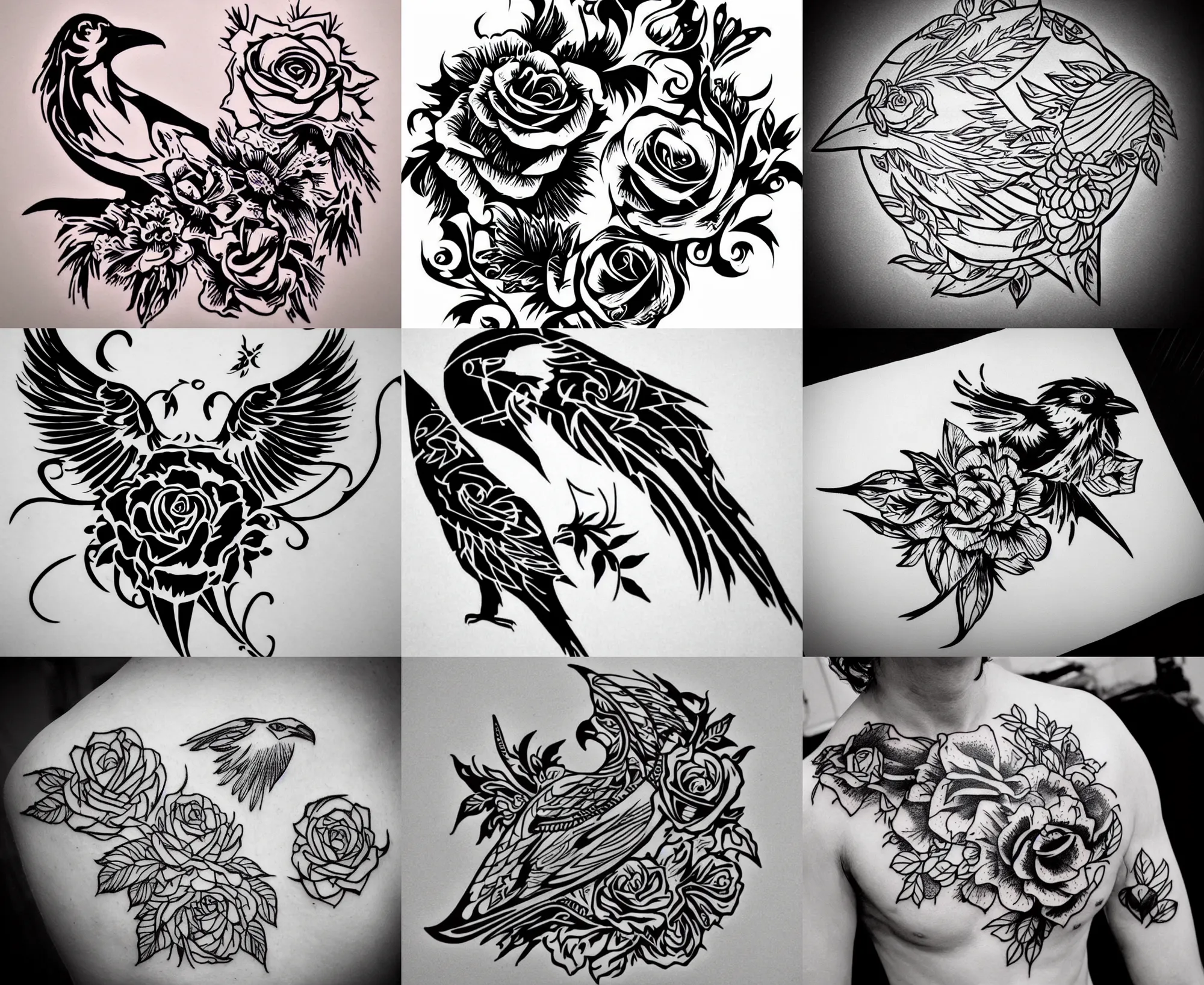 Image similar to Tattoo Stencil stylized crow rose Raven, bold strong lines very highly aesthetic