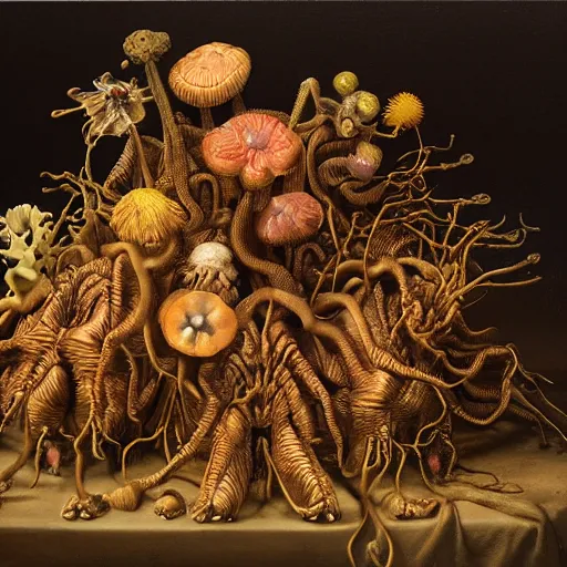 Image similar to disgusting disturbing dutch golden age bizarre mutant insect flower floral still life with many human toes realistic human toes blossoming everywhere very detailed fungus tumor disturbing tendrils bizarre slimy forms sprouting up everywhere by rachel ruysch black background chiaroscuro dramatic lighting perfect composition high definition 8 k 1 0 8 0 p