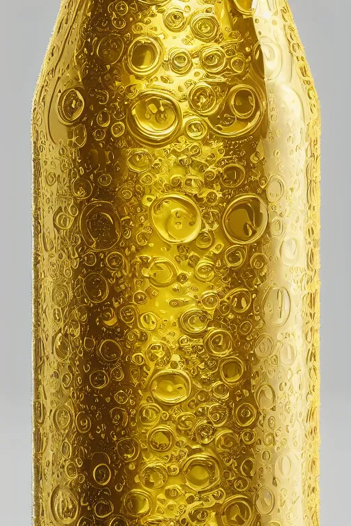 Prompt: humongous bottle of prosecco, hyperrealistic extreme shine details, translucent glass shine, golden color, intricate and ornate bottle detail, Octane render