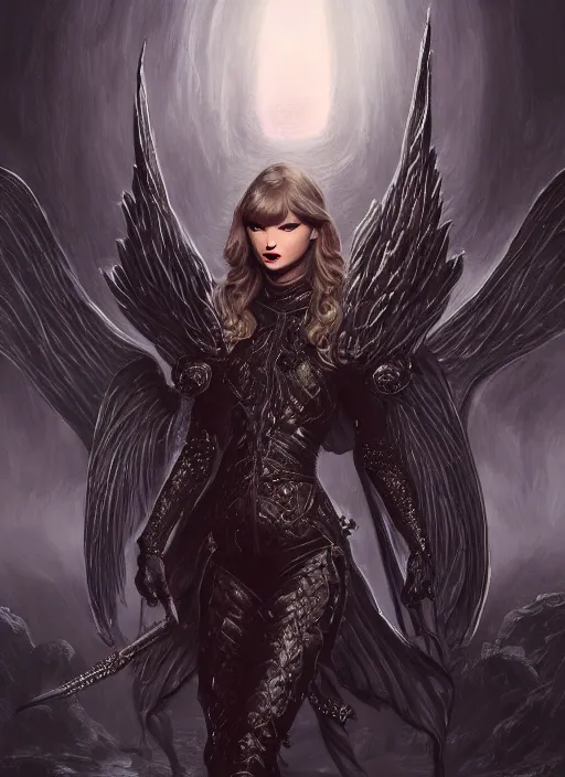 Prompt: Taylor swift demon queen, black armor, wings, Ivan Aivakovsky, Boris Vallejo, epic fantasy character art, D&D Concept Art, full length, Realistic, Regal, Refined, Detailed Digital Art, Oil Paining, Exquisite detail, post-processing, masterpiece, Cinematic Lighting, Unreal Engine, 8k, HD, Stanley Artgerm Lau, WLOP, Rossdraws, Frank Frazetta, Andrei Riabovitchev, Marc Simonetti, trending on artstation