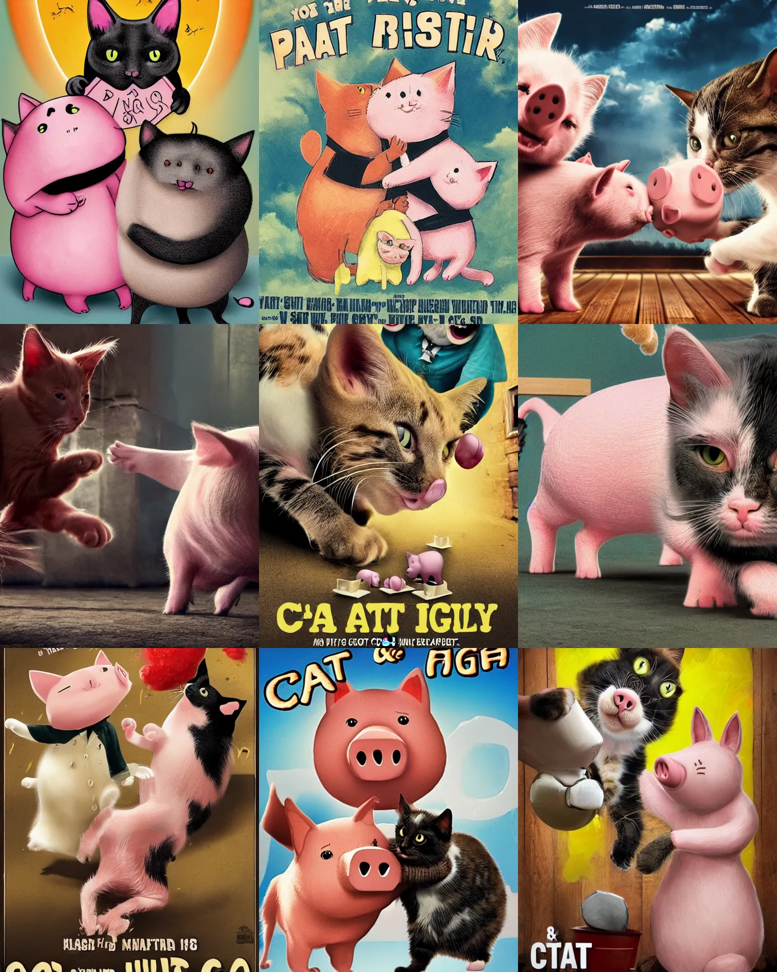 Prompt: cat and pig fight with each other, movie poster, hd, shocking