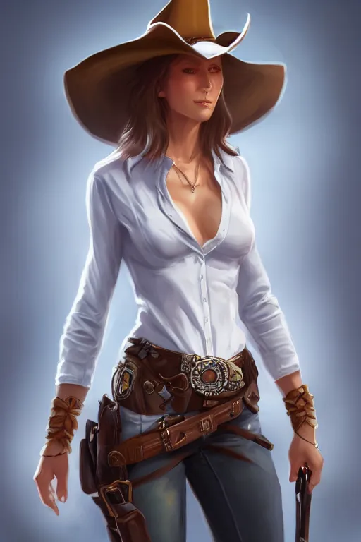 Image similar to full body, female cowgirl, perfect face, white blouse, holster, 8 k, magic the gathering, desert, d & d, artstation, high detail, smooth, sweaty character concepts by senior concept artist