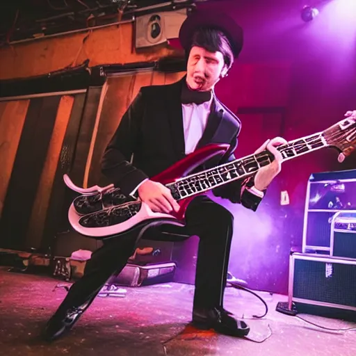 Image similar to cat in a business suit playing electric guitar at a metal concert