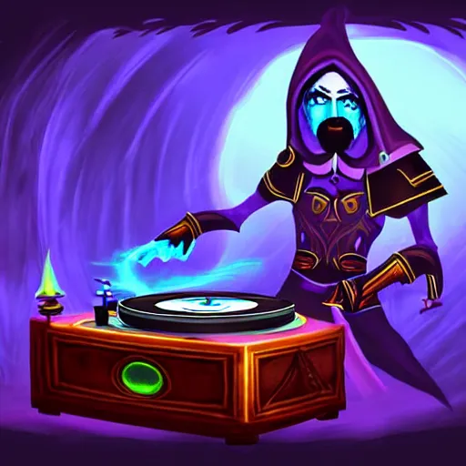 Prompt: fantasy painting of a dj set with turntable in a fantasy dungeon in the style of word of warcraft,