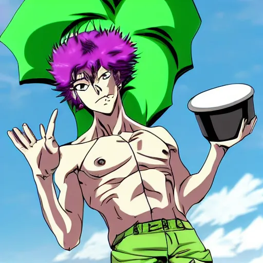 Prompt: guy with pot and little bit of sus in JoJo's bizarre adventure anime style