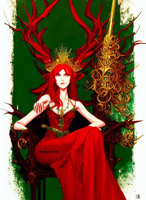 Prompt: Half body portrait of a beautiful red haired elven queen in red and green dress with golden crown sitting on a throne with haughty look. In style of Yoji Shinkawa, dark fantasy, great composition, concept art, brush strokes.
