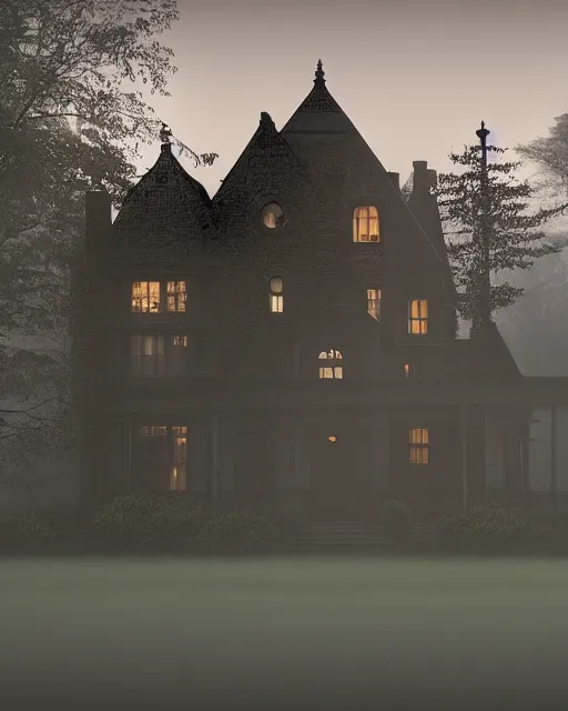 Prompt: a wide angle low photo of a ghostly victorian mansion howvering above a misty forest at night, volumetric light, epic proportions