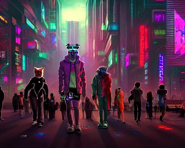 Image similar to high - resolution photograph from a cyberpunk era furry fandom convention ( midwest furfest 2 0 4 7 ), taking place after the genetic revolution and quantum singularity. photorealistic.