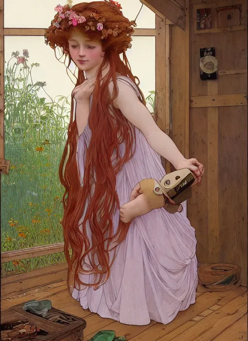 Image similar to young girl resembling alicia vikander with long red hair, wearing a dress, playing with her doll on the wooden floor in an old wooden house, path traced, highly detailed, high quality, digital painting, by studio ghibli and alphonse mucha, leesha hannigan, hidari, art nouveau, chiho aoshima, jules bastien - lepage