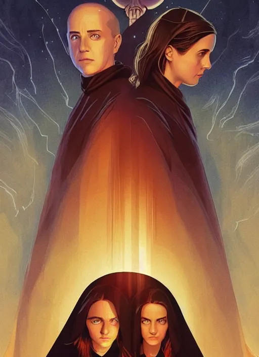 Image similar to poster artwork by Michael Whelan and Tomer Hanuka, Karol Bak of Emma Watson nun and Kiernan Shipka scientist, team up, science vs religion, from scene from Twin Peaks, clean