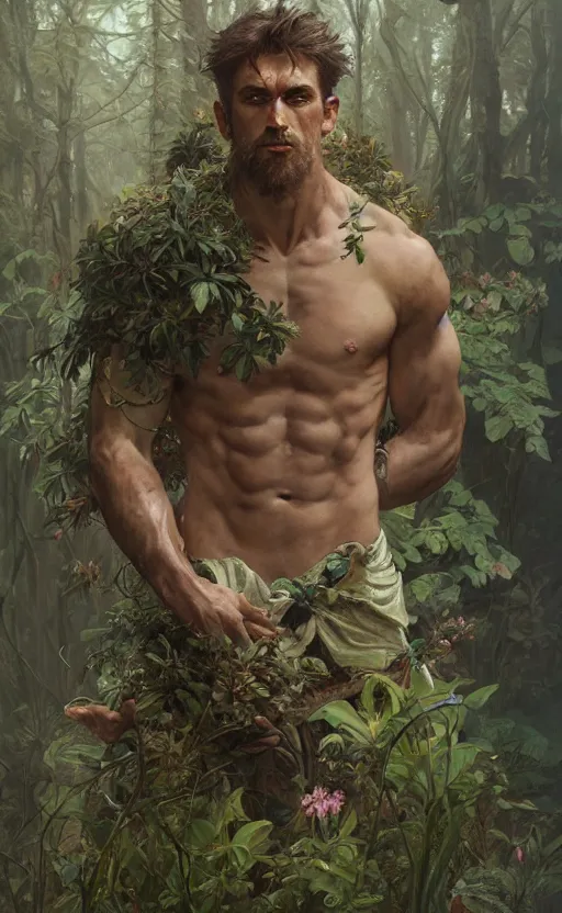 Image similar to god of the forest, rugged, handsome, male, detailed face, clean lines, atmospheric lighting, amazing, full body, thighs, flowers, muscular, intricate, highly detailed, digital painting, deviantart, concept art, sharp focus, illustration, art by greg rutkowski and alphonse mucha