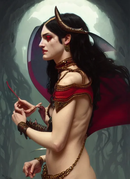 Prompt: portrait of diana bastet as a vampire lord, jewelry, greek, ruby, intricate, headshot, highly detailed, digital painting, artstation, concept art, sharp focus, cinematic lighting, illustration, art by artgerm and greg rutkowski, alphonse mucha, cgsociety