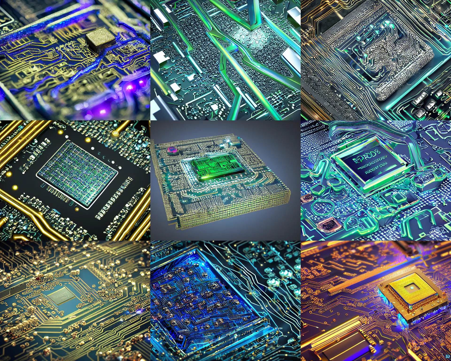 Prompt: circuit board processor, 3 d ray traced photorealistic render, beautiful colors, futuristic, crystal nodes, shiny, high angle shot with sharp realistic intricate detail, iridescent glowing chips, precious metals, treasure artifact