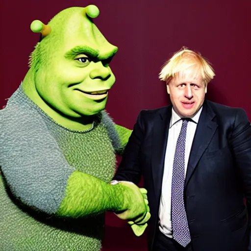 Prompt: boris johnson shakes hands with shrek