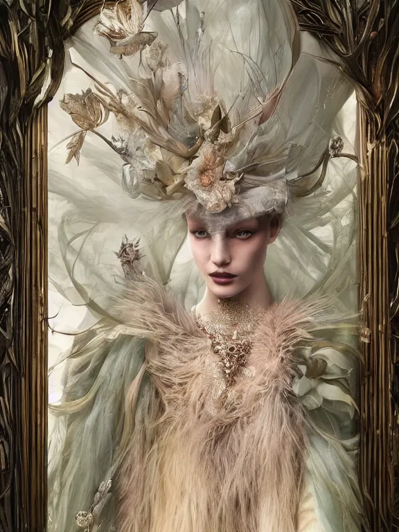 Image similar to realistic 3d character render of a beautiful model in the bergdorf goodman windows, veiled, avian-inspired,by tom bagshaw and Ekaterina Belinskaya and marie spartali Stillman and Marianne North and William Morris and Billelis,trending on pinterest,GUCCI,DIOR,highly detailed,maximalist,glittering,feminine
