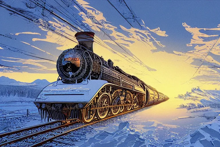 Image similar to trans - siberian express train ultrafine drawing by joe fenton and syd mead and p. craig russell and barry windsor - smith, artstation, 4 k, graphic novel, concept art, matte painting, beautiful russian winter landscape sunset background, golden hour, art nouveau, sharp