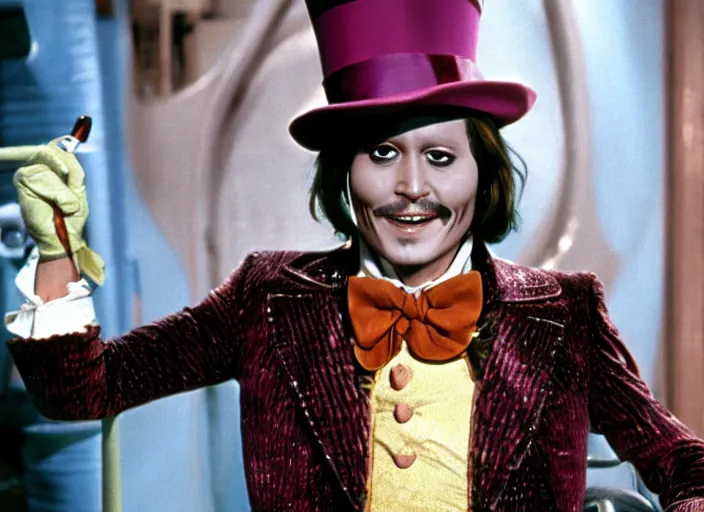 Image similar to film still of Johnny Depp as Willy Wonka in Willy Wonka and the Chocolate Factory 1971