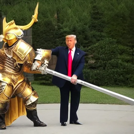 Image similar to donald trump, wearing knights armor, holding a big golden broadsword, by hans holdein, donald trumps handsome face