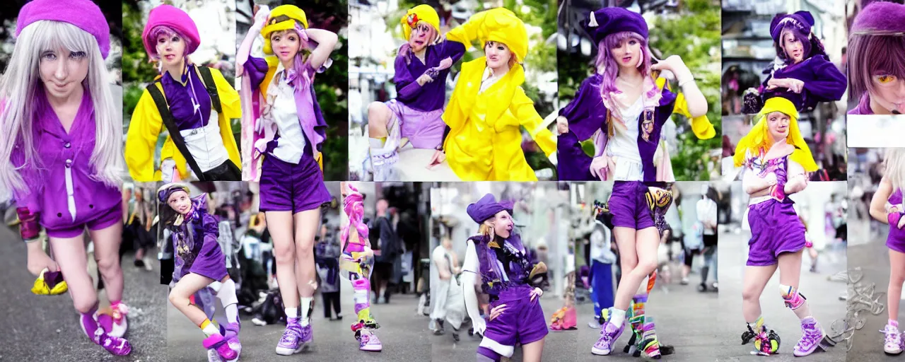 Prompt: A character sheet of a cute magical girl with short blond hair and freckles wearing an oversized purple Beret, Purple overall shorts, Short Puffy pants, pointy jester shoes, a big yellow scarf, and white leggings. Rainbow accessories all over. Photo Collage. By Seb McKinnon. Decora Fashion. harajuku street fashion. Cosplay. E-Girl. Kawaii Design. Intricate. Highly Detailed. Photorealistic. Sunlit