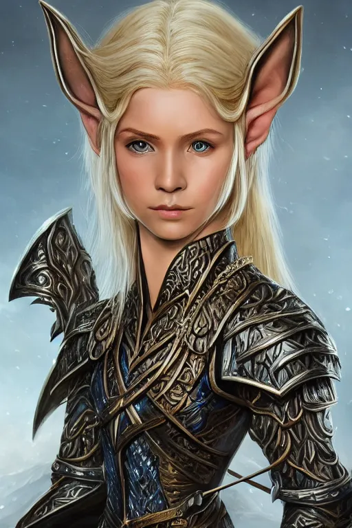 Prompt: highly detailed full body portrait painting of a proud young elven knight in the style of Warhammer Fantasy by Artgerm and Arian Mark, short blonde hair, blue eyes, sapphire earrings, no helmet, low angle shot, highly detailed, trending on artstation, cgsociety, 4k, 8k, HDR, octane render, unreal engine