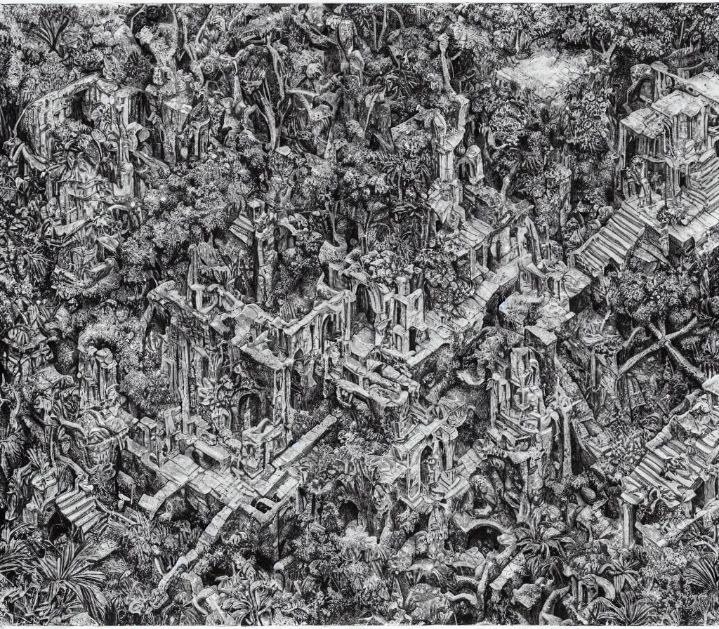 Prompt: Ancient jungle, Fey ruins, in the style of M.C. Escher, inspired by Caravaggio, Dungeons and Dragons Isometric Map. Thick Lines. Realism. Clean drawing. final