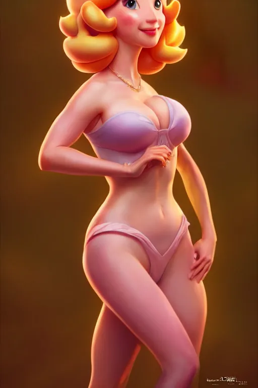 Image similar to polished sweaty princess peach : : christina hendricks body : : weta disney pixar movie still photo : : hi - fructose, sci fi, fantasy, decadent highly - detailed digital painting, golden ratio, octane render, artstation, smooth, sharp focus, artgerm, mucha, loish, wlop : :