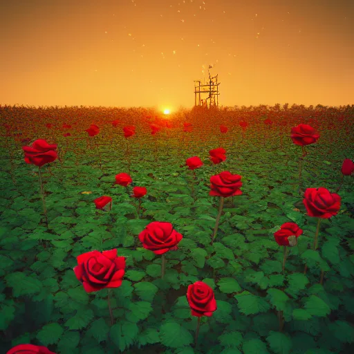 Prompt: photo of a dark tower in the center of a field of roses. golden hour. photorealism. octane render. 4 k trends on artstation. canon mark 3