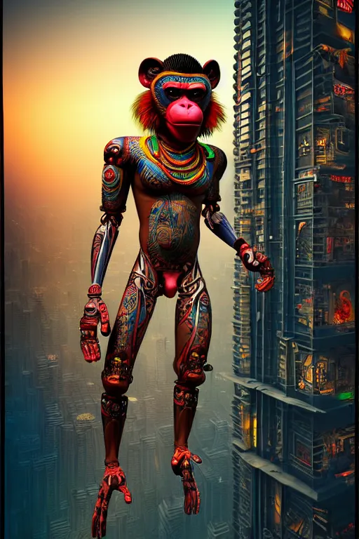 Image similar to high quality 3 d render stylized mischievous cyborg muscular man monkey hybrid, neon madhubani, highly detailed, cyberpunk!! mumbai in the background, unreal engine cinematic smooth, szukalski ravi varma, moody light, low angle, uhd 8 k, sharp focus