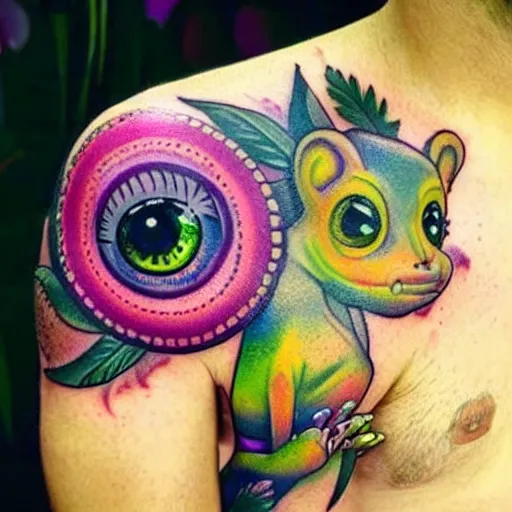 Image similar to shoulder tattoo of a multicolored psychedelic cute bush baby, eyes are colorful spirals, surrounded with colorful sparkeling flowers and irisdescent marihuana leaves, insanely integrate