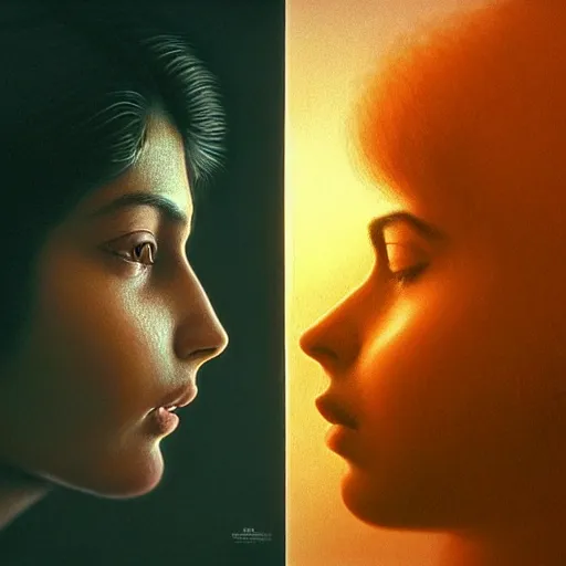 Image similar to perfectly - centered movie promotional poster - photograph of a young indian guy and a beautiful girl side profile faces symmetrical ; real life portrait by beksinski and jean delville, romantic theme, two lovers sharing one heart, unreal engine 5, photorealism, hd quality, 8 k resolution, cinema 4 d, hdr dramatic lighting ; symmetrical, cinematic, high coherence