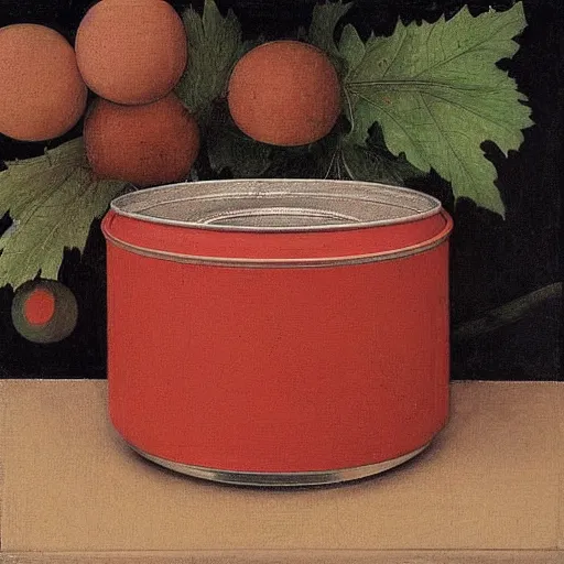 Image similar to ornamented by hsiao - ron cheng, by filippino lippi rococopunk. in this painting, the artist has used a photo - realist style to depict a can of soup. the can is placed on a plain background, & the artist has used bright, primary colors to create a striking image. the painting is both realistic & abstract