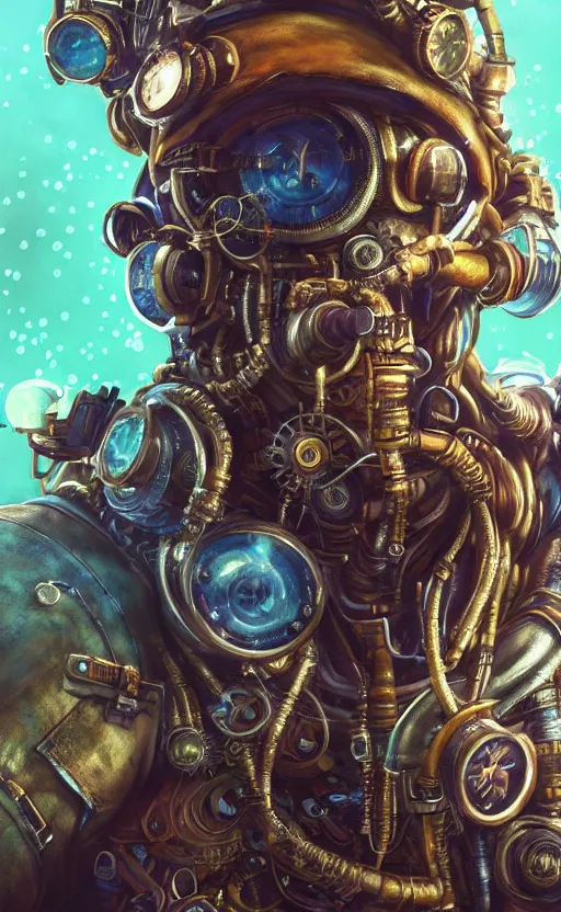 Image similar to underwater steampunk biopunk portrait of fox mccloud from start fox ( 1 9 9 3 ), hyper detailed, digital art, trending in artstation, cinematic lighting, studio quality, smooth render, unreal engine 5 rendered, octane rendered, art style by klimt and nixeu and ian sprigger and wlop and krenz cushart.