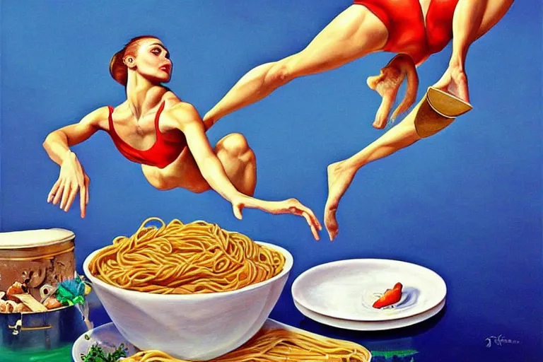 Prompt: olympic diving springoard, diver is diving head down into a dish of pasta, detailed surrealist art, artgerm