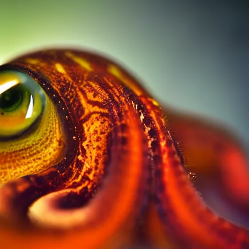 Image similar to fiery whimsical emotional eyes cephalopod, in a photorealistic macro photograph with shallow DOF