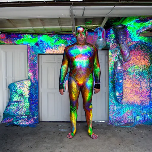 Image similar to a human standing in his garage, covered with iridescent bodypaint, shells and barnacles