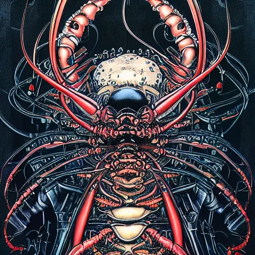 Image similar to portrait of crazy black lobster, symmetrical, by yoichi hatakenaka, masamune shirow, josan gonzales and dan mumford, ayami kojima, takato yamamoto, barclay shaw, karol bak, yukito kishiro